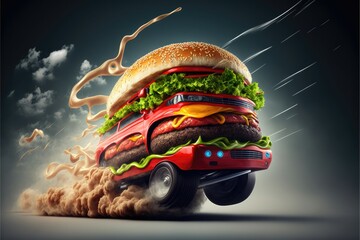 Burger delivery. Fast hamburger car. Cheeseburger as fast food car. Mascot burger car design. Logotype for restaurant or cafe. Street food festival symbol with burger in cartoon style. Generative AI - obrazy, fototapety, plakaty