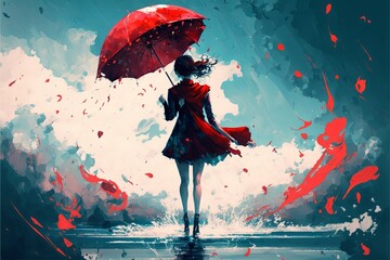 girl with red umbrella makes a swirling water in the sky, digital art style, illustration painting