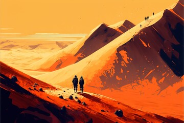 Fototapeta premium The most talented hikers climb up to the sand dune in the red desert, digital art style, illustration