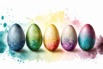 colorful easter eggs in a row in the style of aquarelle, ai generated