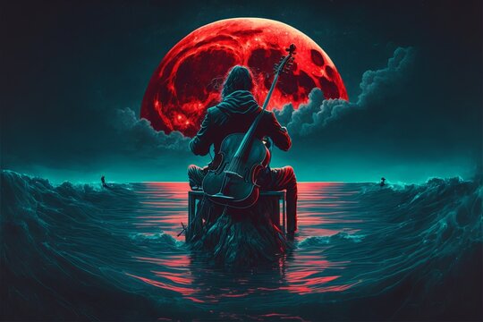 The most mysterious man sitting on a chair playing the cello in the sea against the night sky with the red moon, digital art style, illustration painting 