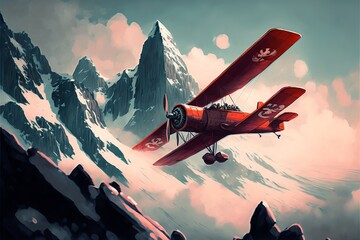 The biggest red biplane flying over mountain, illustration, digital painting