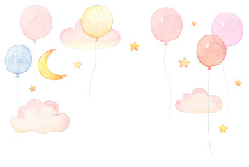 Watercolor Illustration Of The colorful Balloons, pink clouds, Moon and Stars