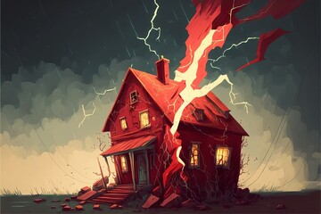 The most red tornado with lightning destroying the little old house, digital art style, illustration painting 