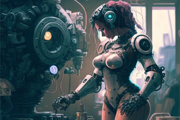 Restore the power to the last one. Female robot repairing itself in the factory, digital art style, illustration painting