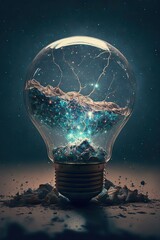 Concept of idea and discovery: magical light of the galaxy inside the lightbulb