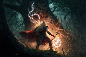 Thor fighting the forest spirits for the old oak AI generated content 