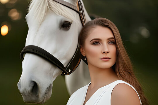 Beautiful Caucasian model with long brown hear in a white dress posing next to a white horse, created with Generative AI technology