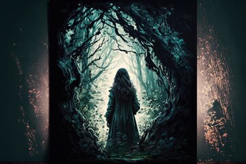 The alone spirit of the enchanted forest,woman in the dark woods,illustration painting