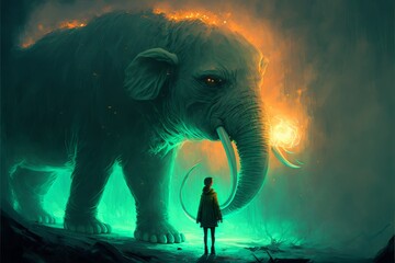 The most young woman facing the giant elephant with glowing green tusks, digital art 