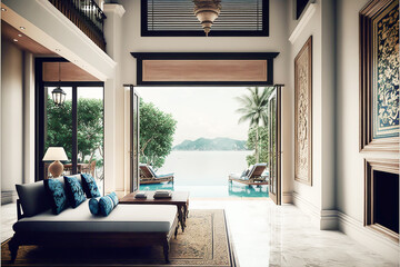 3D interior balcony sea view modern style