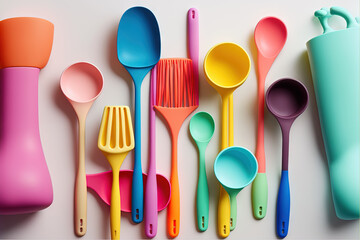  a group of colorful spoons and spoons on a white surface with a cup and spoon rest on the side of the spoons.  generative ai