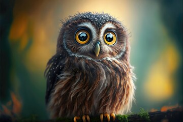 Cute owl with big eyes looks curious. Generative AI
