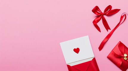 Fondo de San Valentín con sobre, tarjeta de papel y corazones rojos para un mensaje de amor romántico, IA Generativa