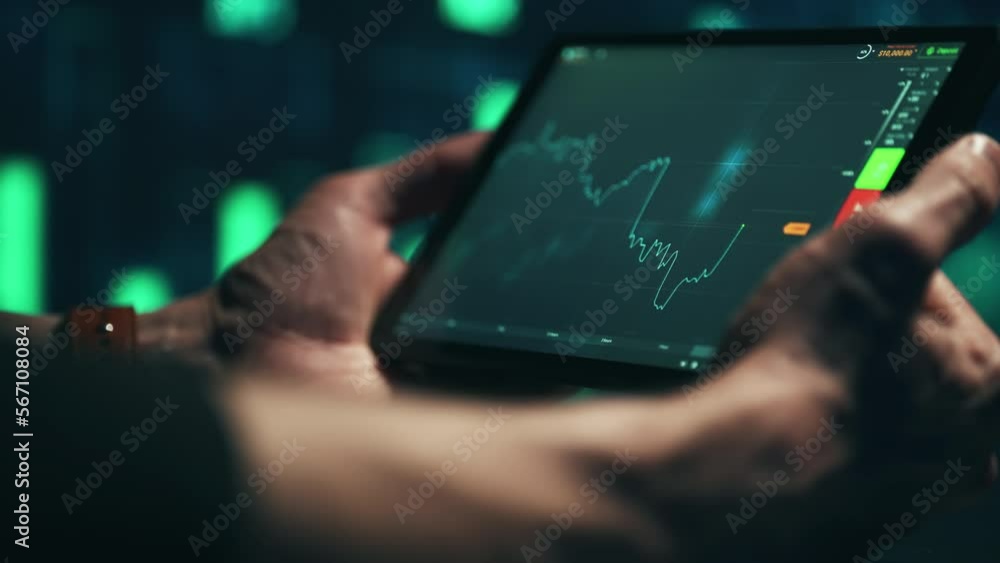 Poster stock market candles and information of exchange with data of price on the tablet screen. financial 