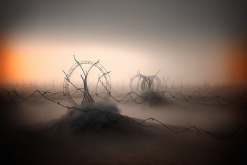 Barbed wire guarding a mysterious landscape. Made with Generative AI.	
	