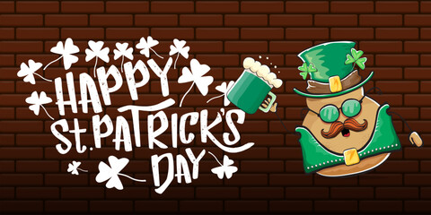 Happy saint patricks day greeting horizontal banner with funky leprechaun rock star potato character with green particks hat, beer and text isolated on brick background. vegetable funky character