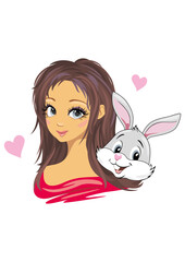 Anime girl and cute rabbit