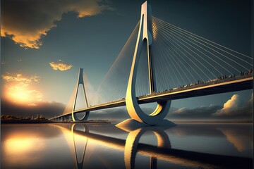  a large bridge spanning over a body of water with a sunset in the backgrouund and clouds in the sky above it and a body of water below it.  generative ai