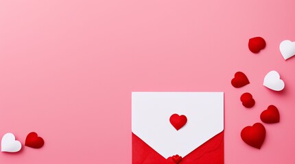 Fondo de San Valentín con sobre, tarjeta de papel y corazones rojos para un mensaje de amor romántico, IA Generativa