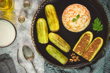 Arabic cuisine; Middle Eastern meat stuffed zucchini 