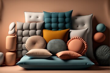  a pile of pillows and pillows on a bed with a pillow on top of it and a pillow on the bottom of the pillow and a pillow on the top of the bed.  generative ai