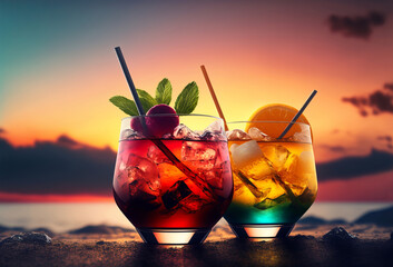 A row of colorful cocktails on a tropical beach at sunset. Generative ai