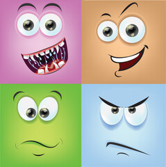 Abstract comic Faces with various Emotions. Cartoon drawing style. Different colorful characters, Flat design. Hand drawn trendy Vector illustration.