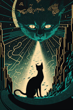 cat sitting on a rock looking at a giant glowing mystical cat head with dark energy imaginary letterpress, linocut print (generative AI) isolated on a dark background, colorful teal, yellow & orange