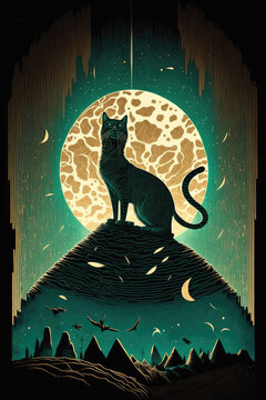 Surreal Cat With Doom Sky And Dark Energy, 2d Retro Woodblock, Rune Etched (gernerative AI) Digital Art Isolated On A Dark Background, Colorful Teal, Yellow & Orange