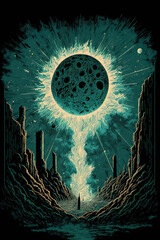 surreal landscape with a lonley person, monolithic moon, doom sky and dark energy graffiti graphic novel style illustration, imaginary anthropomorphic landscape (generative AI) 