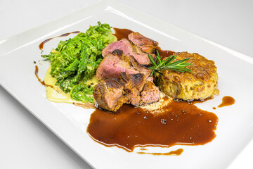 roast venison pink roasted on savoy cabbage vegetables and potato chestnut taler