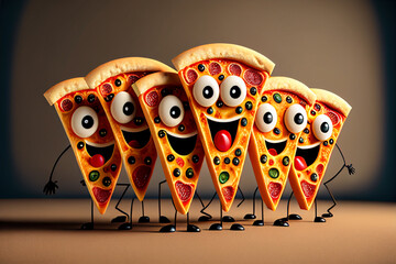Cartoon character pizza slice snack food, Funny cheering and smiling, Generative ai