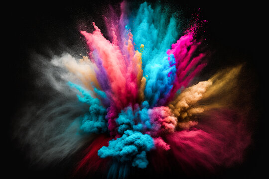 Colorful paint burst on a black background, a lot of colors in the style of Holi festival, generative ai