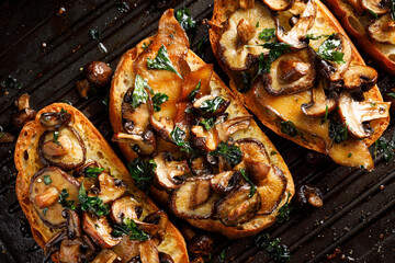 Grilled sandwiches from with various types of mushrooms seasoned with parsley on a grill plate, close up view