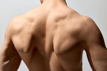 Relief, strong, muscular back. Male model posing shirtless isolated over light grey studio background. Cropped photo. Concept of men's health and beauty, body and skin care, fitness. Body art