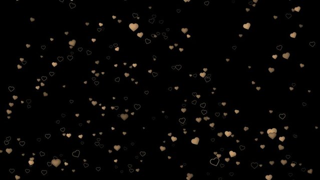 Valentine love hearts falling, small particles gold with black background seamless loop