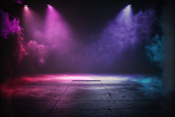 The dark stage shows, empty dark blue, purple, pink background, neon light, spotlights, The asphalt...
