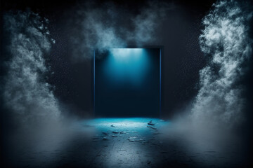 Fototapeta na wymiar The dark stage shows, empty dark blue background, neon light, spotlights, The asphalt floor and studio room with smoke float up the interior texture for display products