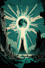 ancient surreal monolithic tower with huge moon, doom sky and dark energy, 2d retro woodblock, rune etched (gernerative AI)
