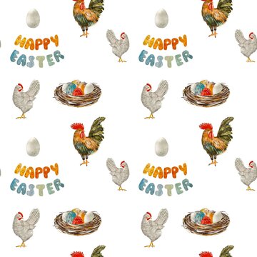 Nest egg rooster chicken Easter pattern watercolor