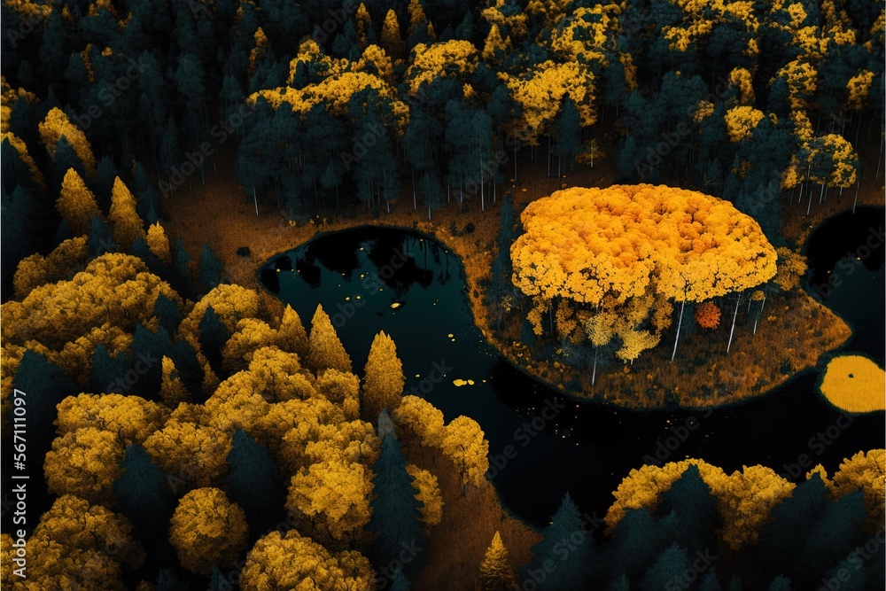 Poster an aerial view of a forest with yellow trees and a large circular structure in the middle of the for