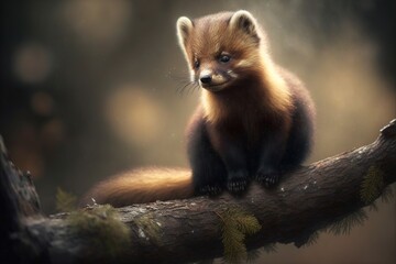  a small brown animal sitting on top of a tree branch in a forest with a blurry background of leaves and branches, with a blurry background of.  generative ai