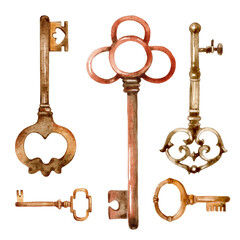 Watercolor vintage set of the rustic keys. Boho, illustration. Vintage copper, bronze key illustration isolated on a white background.
