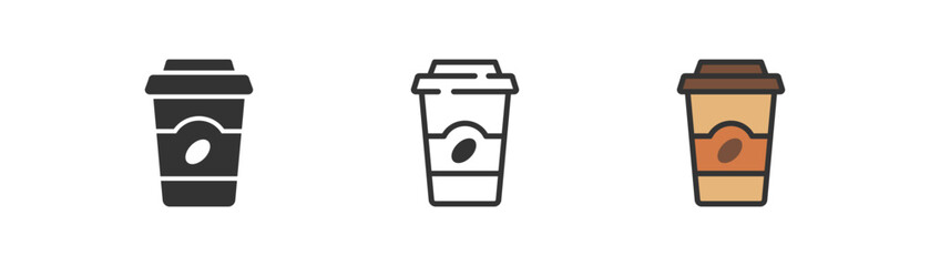 Coffee cup icon. Takeaway beverage symbol. Morning, breakfast concept. Recycle, paper or plastic cup with latte sign. Outline, flat, and colored style. Flat design. Vector illustration.