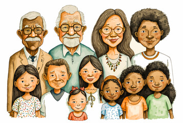 A colorful portrait featuring members of a large multicultural family, spanning several generations. Vector illustration of crossbreeding.