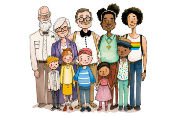 Delightful vector illustration representing a multiethnic family through generations. Successful crossbreeding, perfect for all applications denoting inclusion. - obrazy, fototapety, plakaty