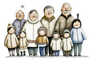 A portrait of an Eskimo family through the generations: detailed and rich vector illustration.