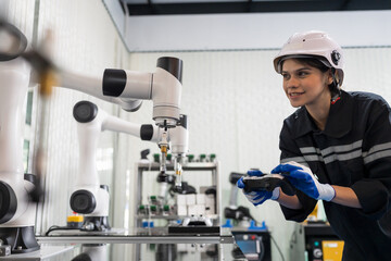 Female engineer control autonomous mobile robot or AMR in the laboratory room. Woman engineer...