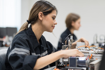 Team female engineer training Programmable logic controller with AI robot training kit and mechatronics engineering in the laboratory room